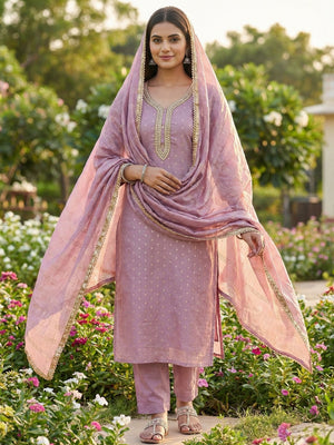 Mauve Chanderi Thread Work Embroidered Dress Material for Festive Wear - Image 2