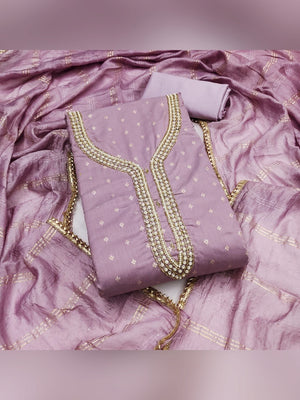 Mauve Chanderi Thread Work Embroidered Dress Material for Festive Wear - Image 1