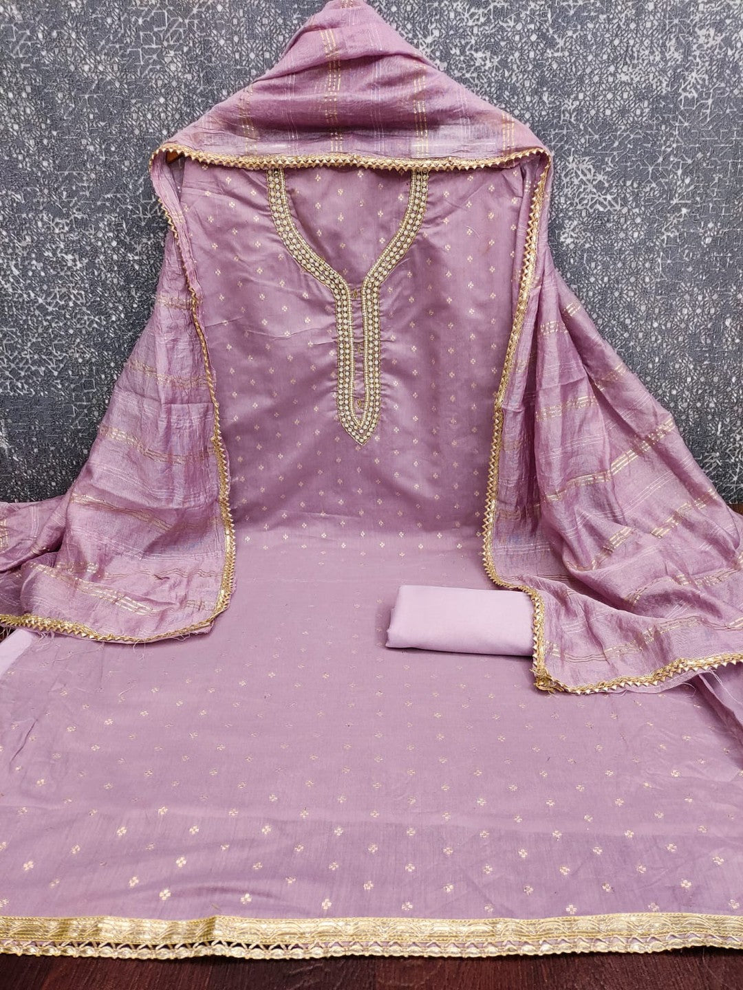 Mauve Chanderi Thread Work Embroidered Dress Material for Festive Wear - Image 3
