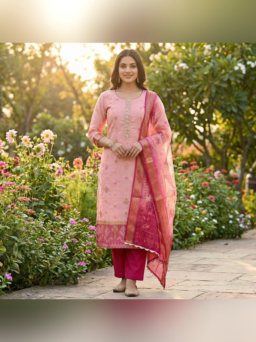 Luxurious Pink Floral Beads & Moti Handwork Banarasi Silk Dress Material With Shimmering Sequins - Image 2