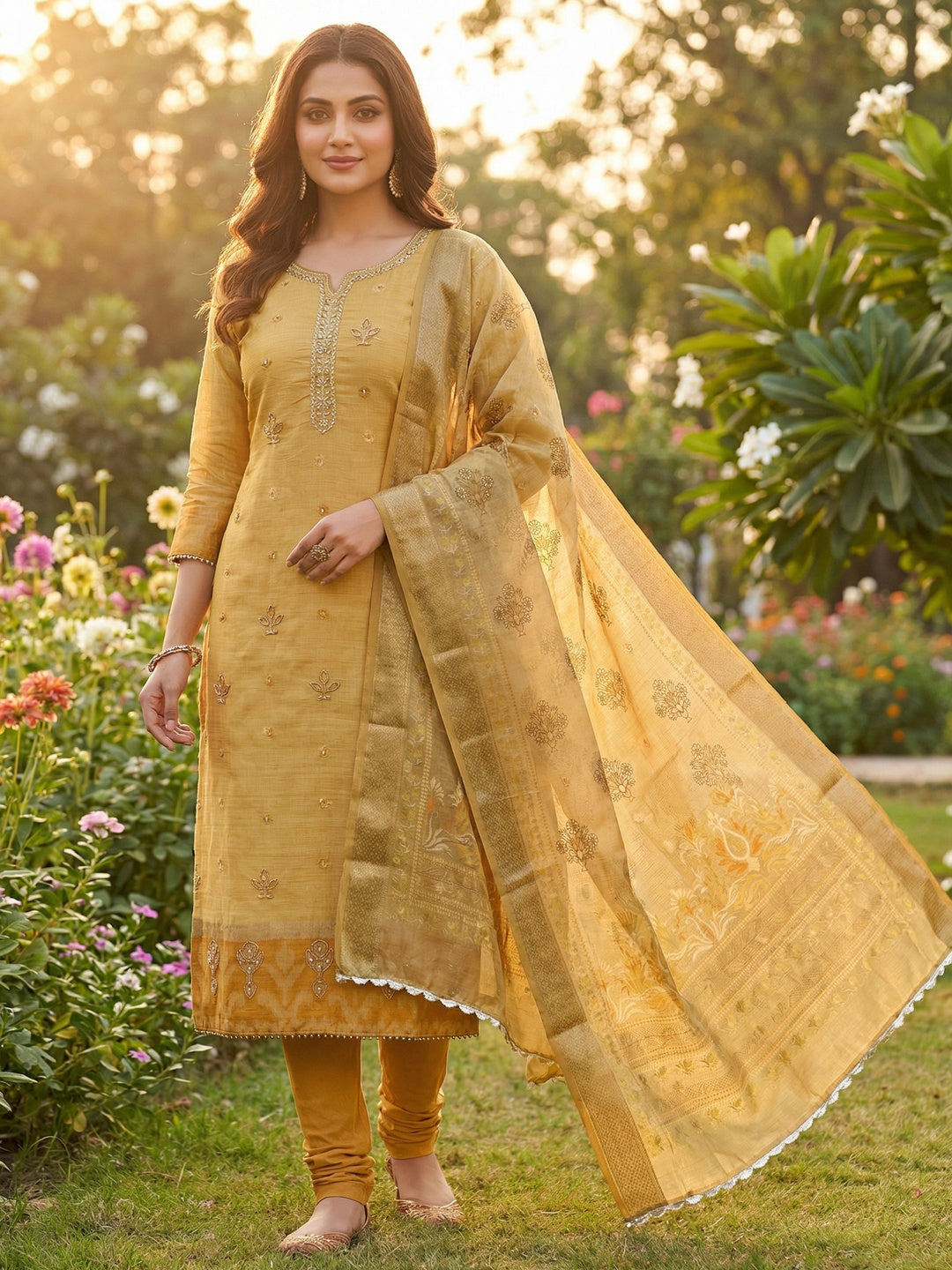 Luxurious Mustard Floral Beads & Moti Handwork Banarasi Silk Dress Material With Shimmering Sequins - Image 1