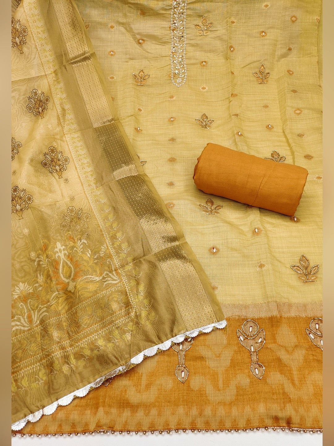 Luxurious Mustard Floral Beads & Moti Handwork Banarasi Silk Dress Material With Shimmering Sequins - Image 2