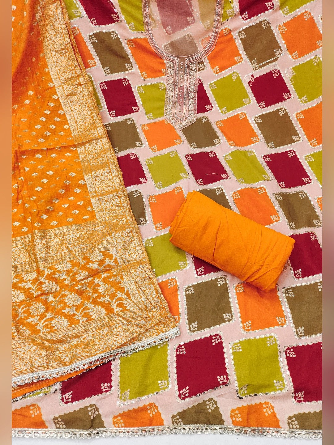 Classic Orange Sequins Embroidered Cotton Silk Dress Material With Digital Print & Moti Handwork - Image 3