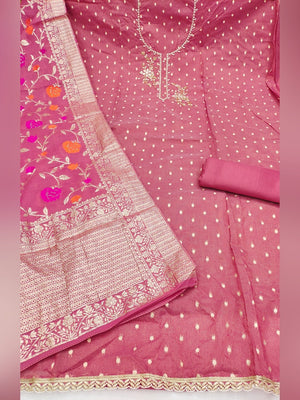 Elegant Pink Weaving Shimmer Banarasi Dress Material Adorned With Floral Moti & Sequin Work - Image 2