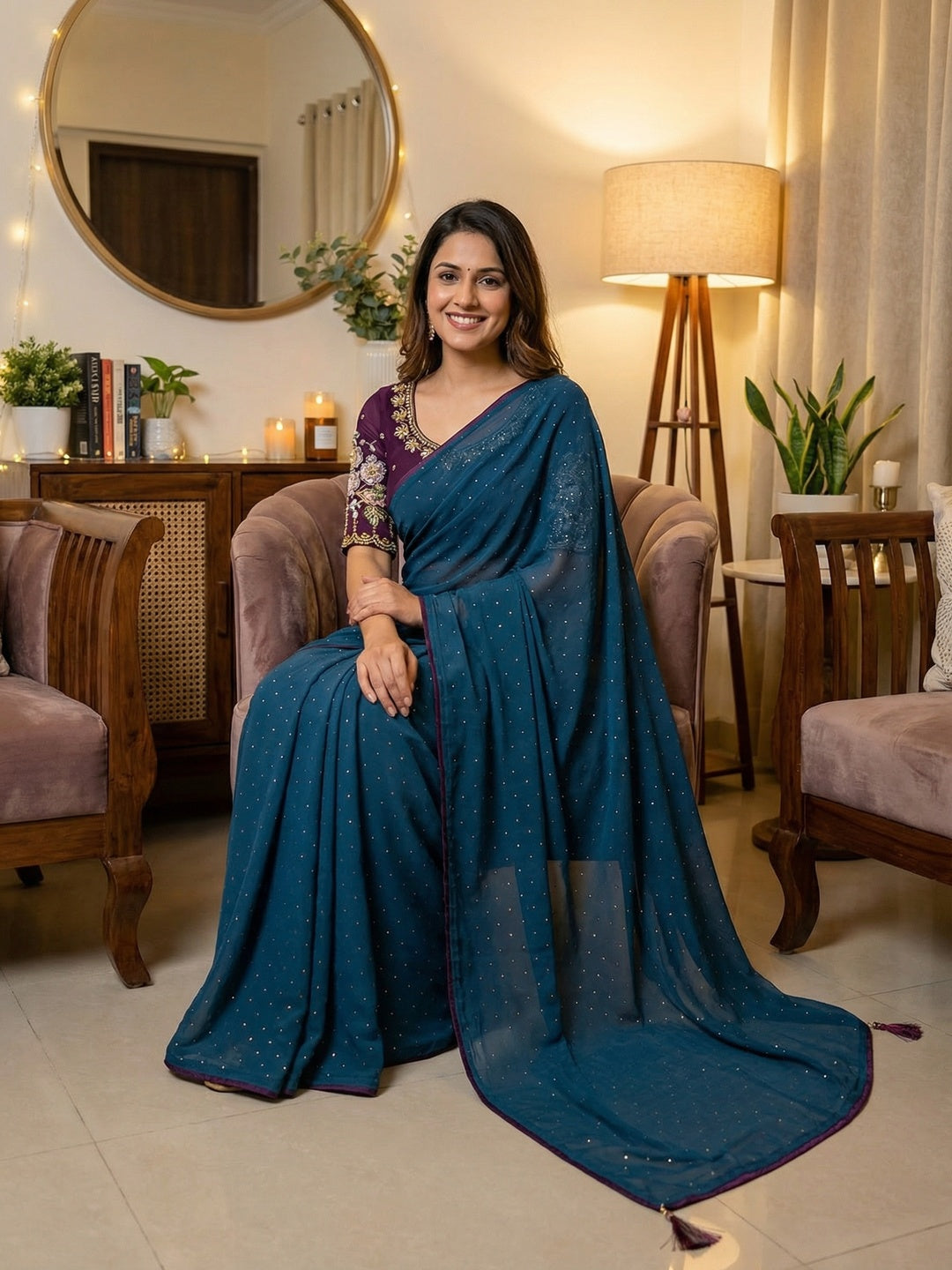 Graceful Blue Georgette Saree Accented With Shimmering Swarovski Work & Artful Tassel Pallu - Image 1