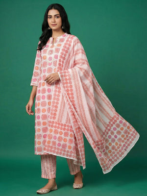 Pink Floral Print Pure Cotton Salwar Suit Set with Straight Fit Design - Image 1