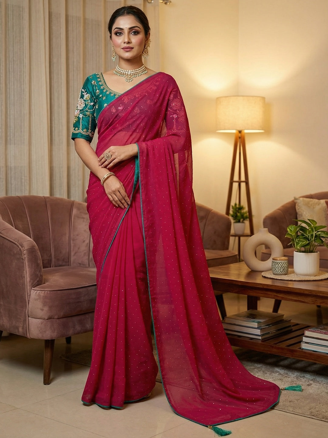 Graceful Pink Georgette Saree Accented With Shimmering Swarovski Work & Artful Tassel Pallu - Image 1