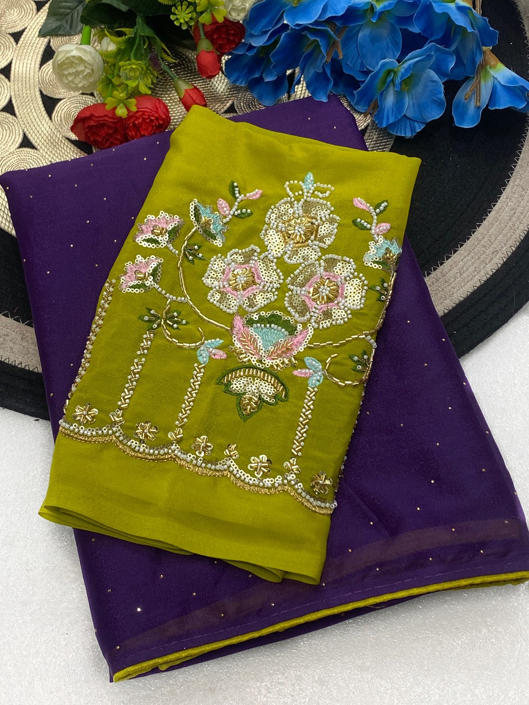 Graceful Purple Georgette Saree Accented With Shimmering Swarovski Work & Artful Tassel Pallu - Image 4