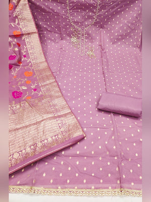 Elegant Light Purple Weaving Shimmer Banarasi Dress Material Adorned With Floral Moti & Sequin Work - Image 2