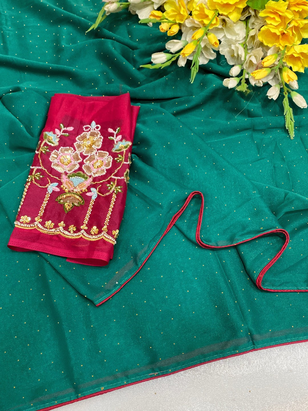 Graceful Rama Green Georgette Saree Accented With Shimmering Swarovski Work & Artful Tassel Pallu - Image 2