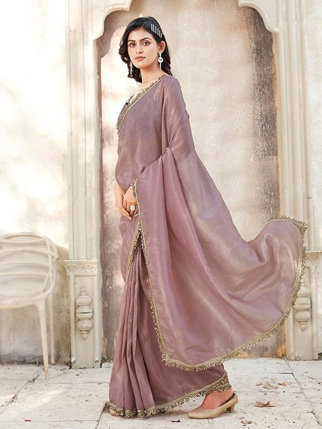 Dusty Mauve Solid Chiffon Partywear Saree with Elegant Sequins Lace Work - Image 4
