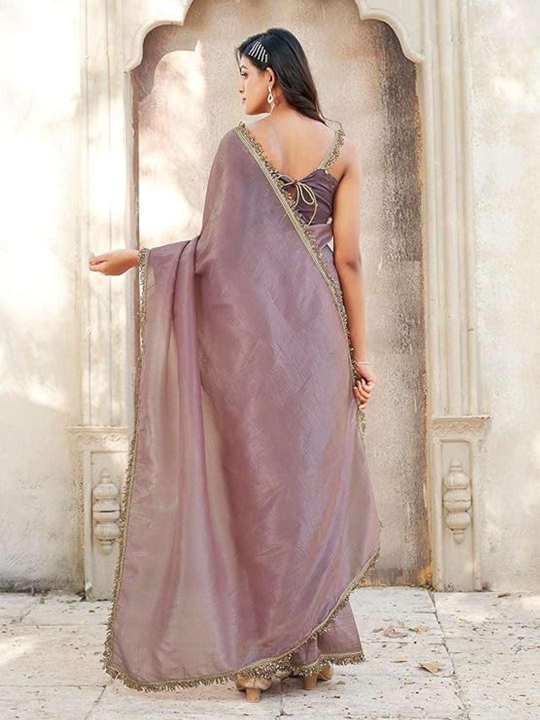 Dusty Mauve Solid Chiffon Partywear Saree with Elegant Sequins Lace Work - Image 3