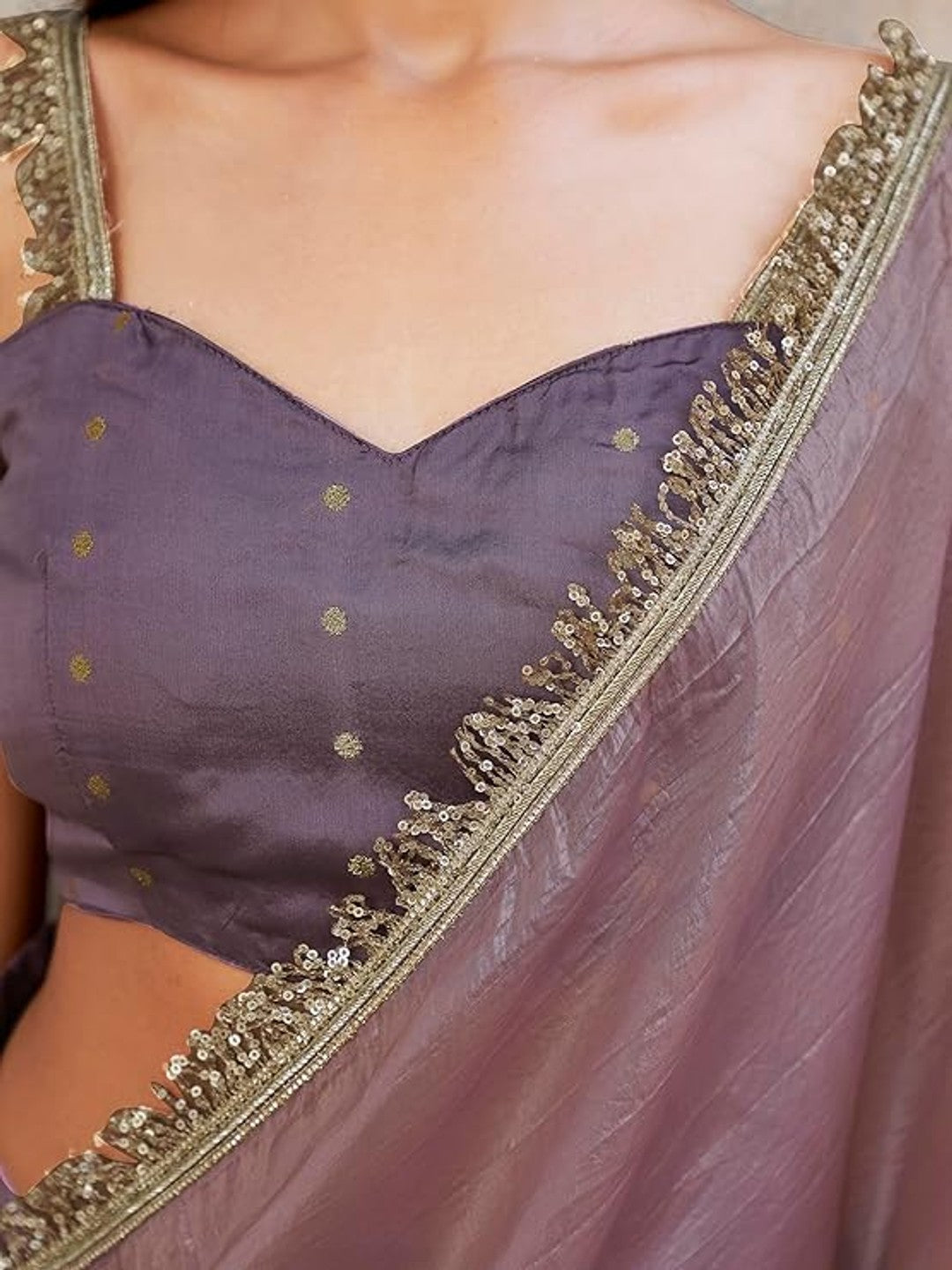 Dusty Mauve Solid Chiffon Partywear Saree with Elegant Sequins Lace Work - Image 3
