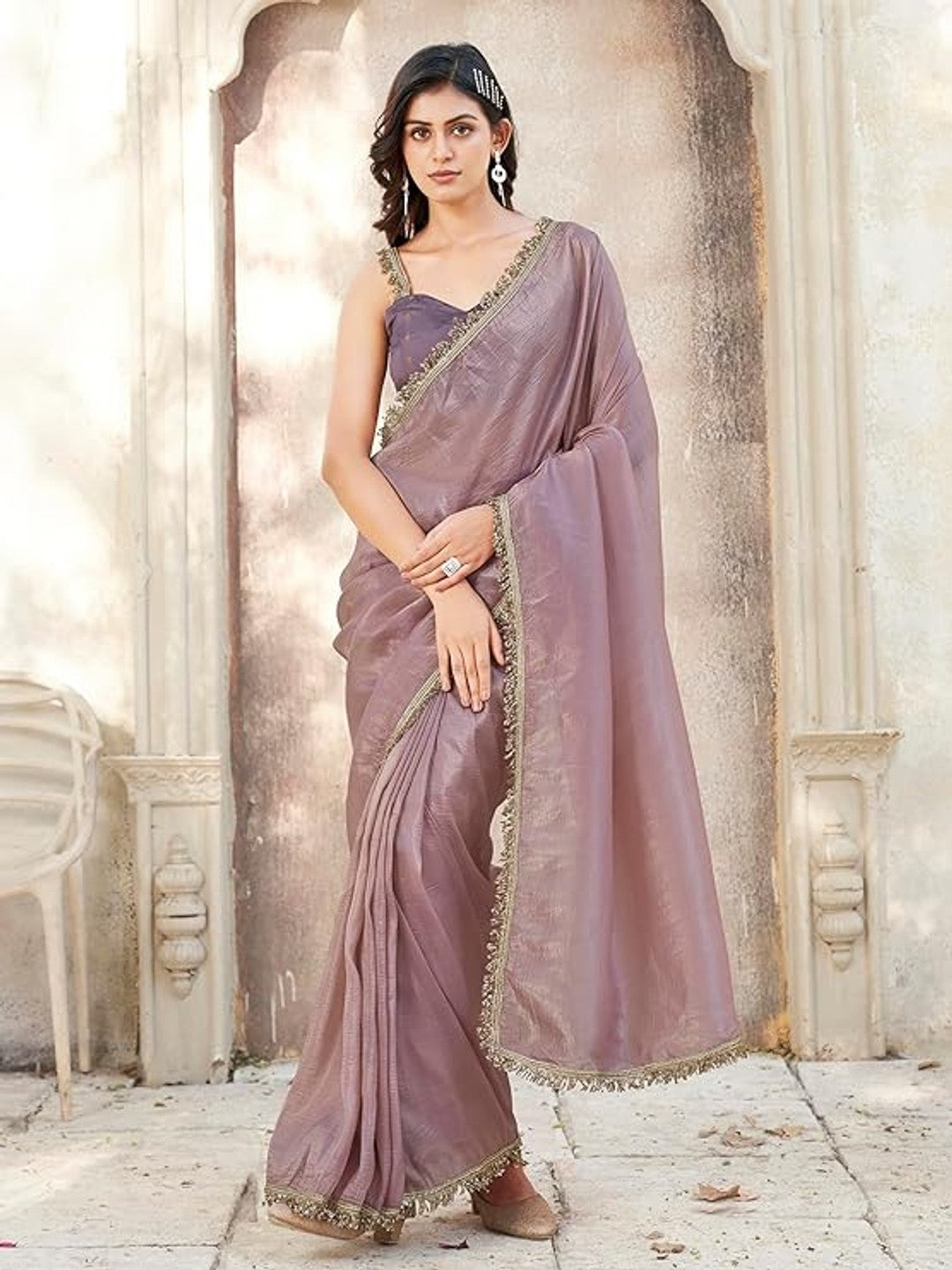 Dusty Mauve Solid Chiffon Partywear Saree with Elegant Sequins Lace Work - Image 1