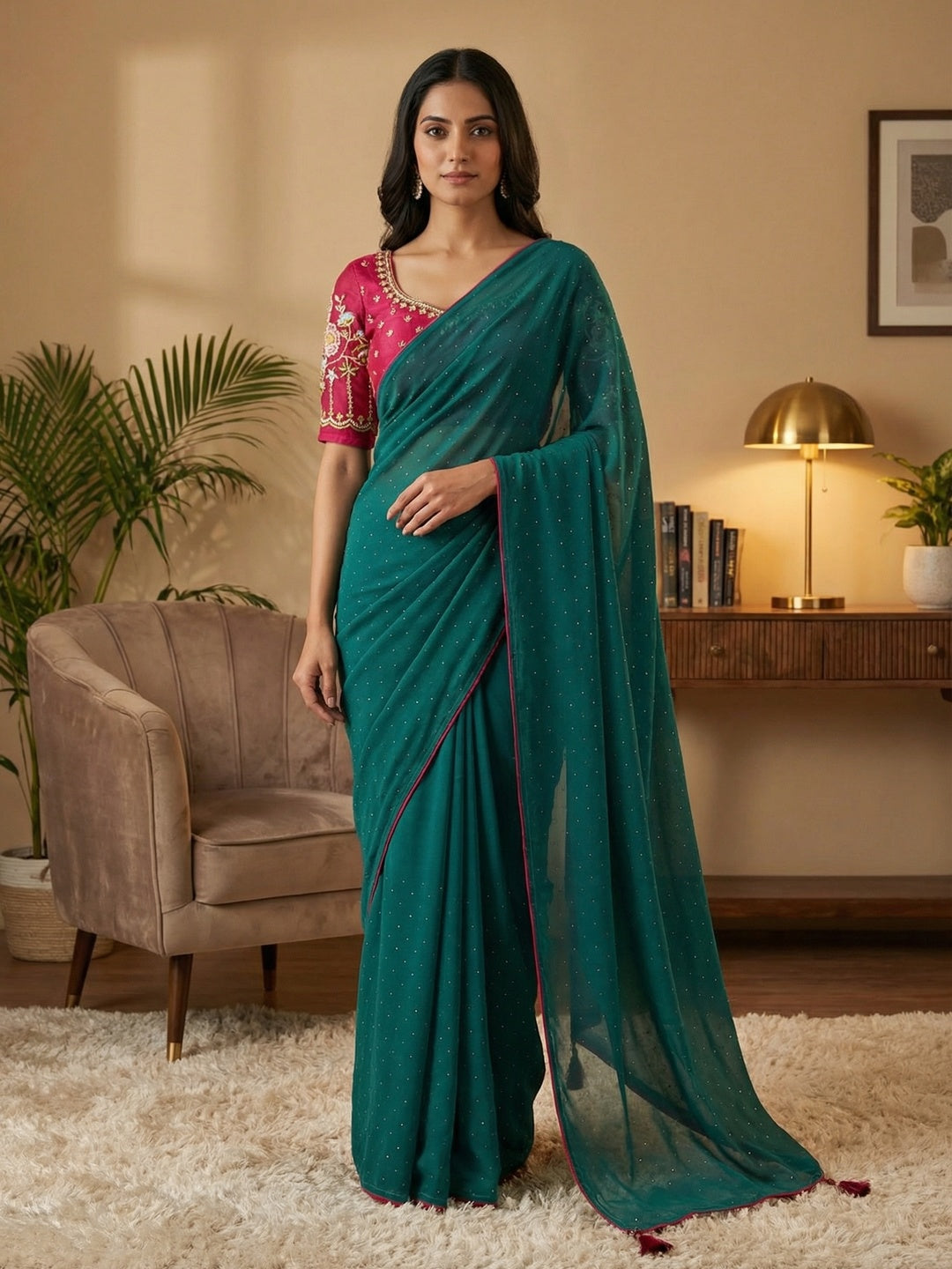 Graceful Rama Green Georgette Saree Accented With Shimmering Swarovski Work & Artful Tassel Pallu - Image 1