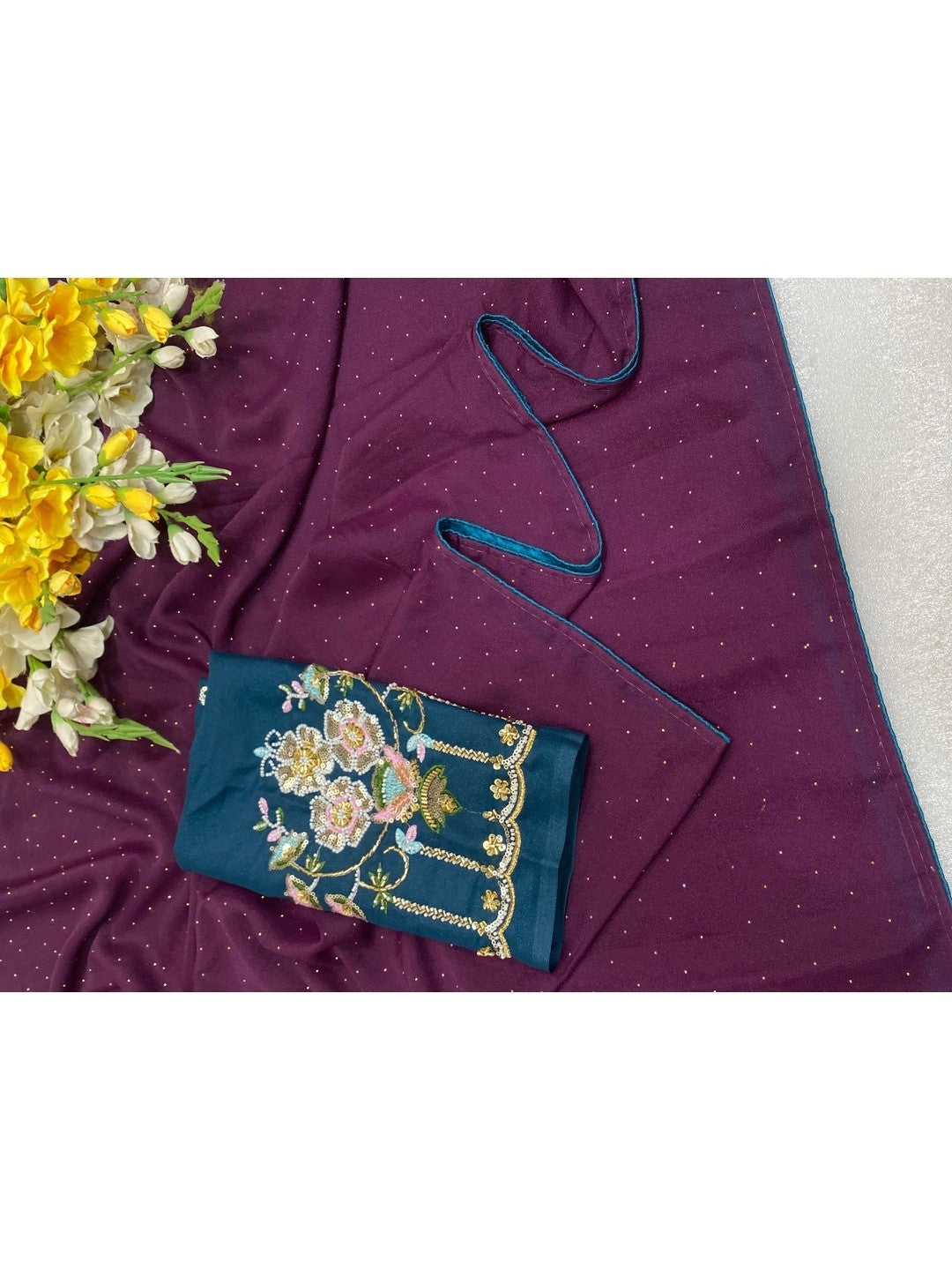 Graceful Wine Georgette Saree Accented With Shimmering Swarovski Work & Artful Tassel Pallu - Image 2