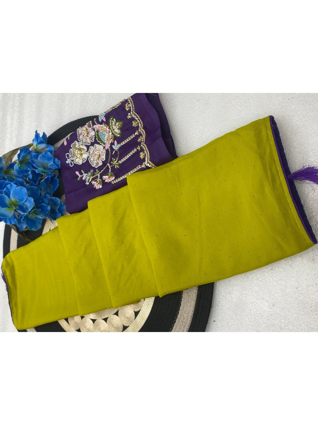 Graceful Green Georgette Saree Accented With Shimmering Swarovski Work & Artful Tassel Pallu - Image 2