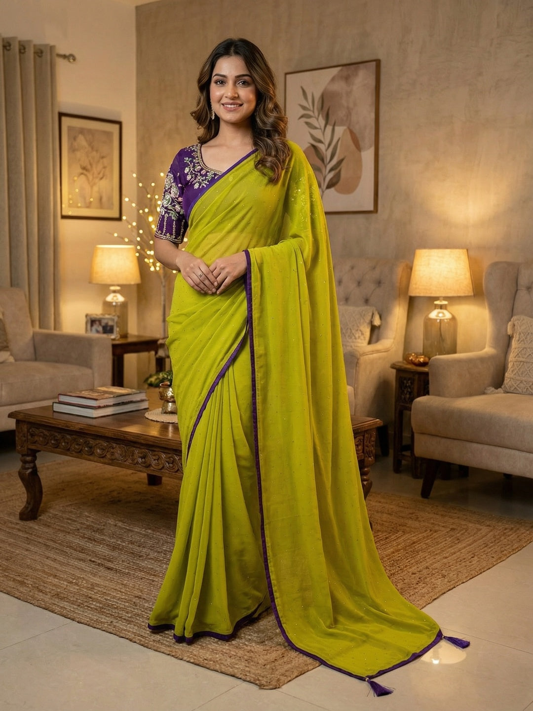 Graceful Green Georgette Saree Accented With Shimmering Swarovski Work & Artful Tassel Pallu - Image 1