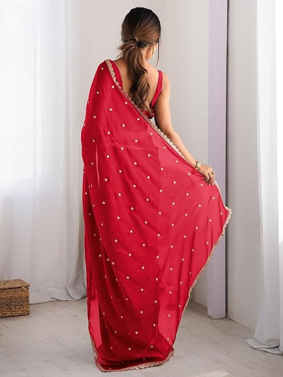 Royal Red Georgette Silk Party Wear Saree with Elegant Sequins Embellishment - Image 4