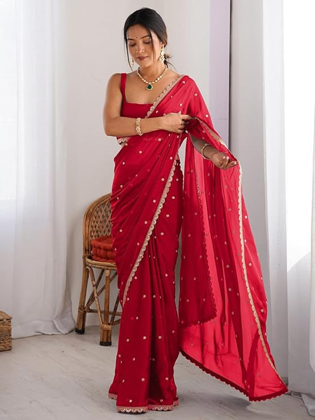 Royal Red Georgette Silk Party Wear Saree with Elegant Sequins Embellishment - Image 3