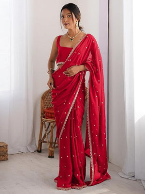 Royal Red Georgette Silk Party Wear Saree with Elegant Sequins Embellishment - Image 1