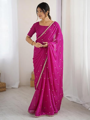 Royal Pink Georgette Silk Party Wear Saree with Elegant Sequins Embellishment - Image 1