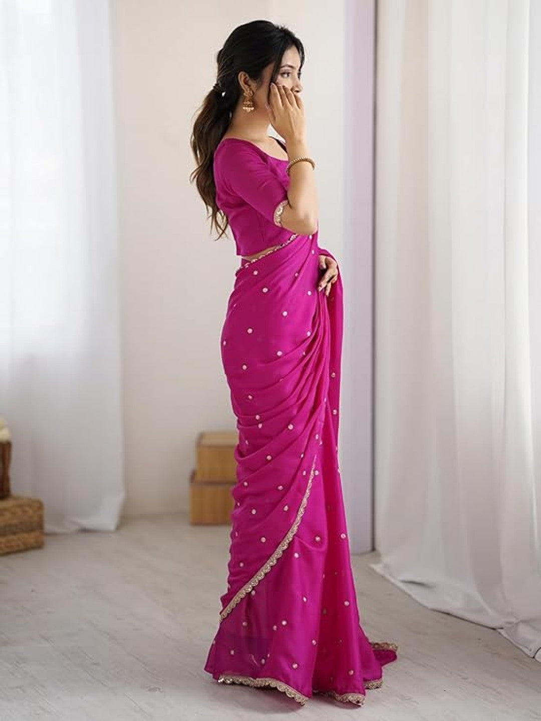 Royal Pink Georgette Silk Party Wear Saree with Elegant Sequins Embellishment - Image 3