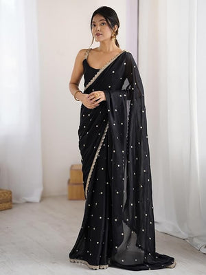 Royal Black Georgette Silk Party Wear Saree with Elegant Sequins Embellishment - Image 1