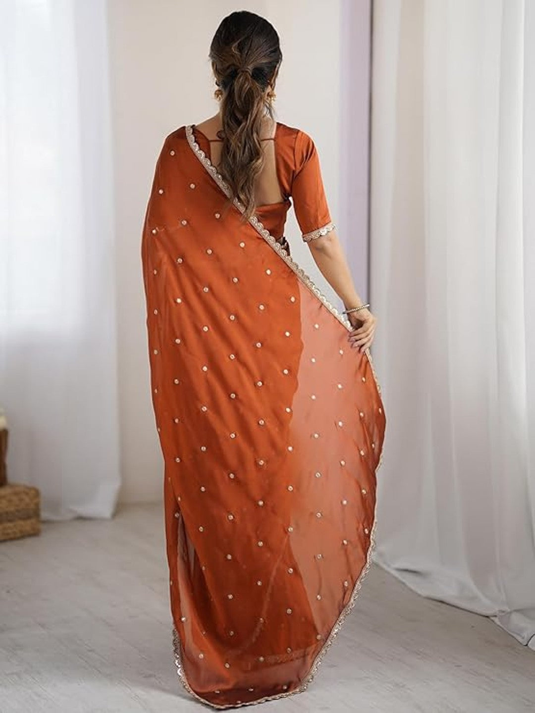 Royal Brown Silk Blend Party Wear Saree with Elegant Sequins Embellishment - Image 4