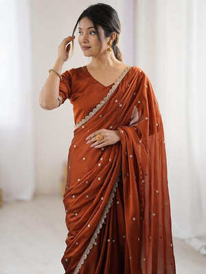 Royal Brown Silk Blend Party Wear Saree with Elegant Sequins Embellishment - Image 2