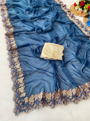 Elegant Blue Solid Georgette Saree Highlighted With A Delicate Floral Embroidered Border - Image 2