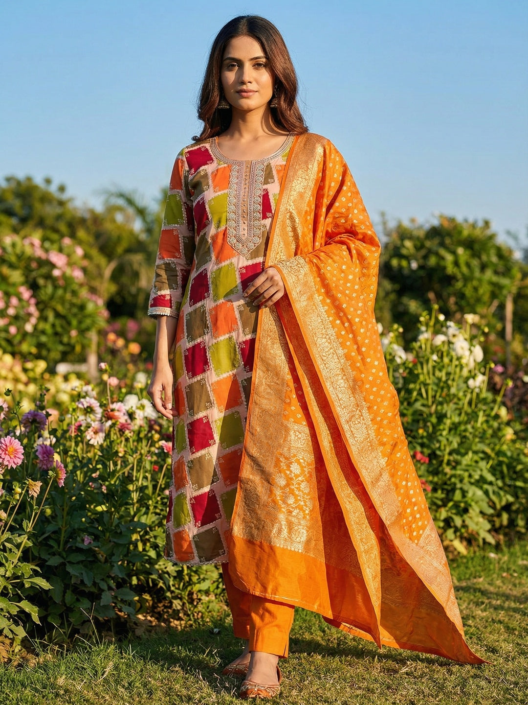 Classic Orange Sequins Embroidered Cotton Silk Dress Material With Digital Print & Moti Handwork - Image 1