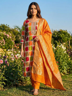 Classic Orange Sequins Embroidered Cotton Silk Dress Material With Digital Print & Moti Handwork - Image 1
