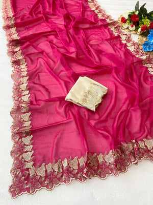 Elegant Pink Solid Georgette Saree Highlighted With A Delicate Floral Embroidered Border - Image 2