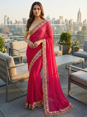 Elegant Pink Solid Georgette Saree Highlighted With A Delicate Floral Embroidered Border - Image 1
