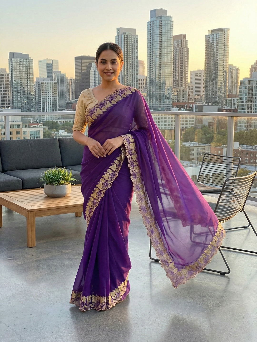 Elegant Purple Solid Georgette Saree Highlighted With A Delicate Floral Embroidered Border - Image 1