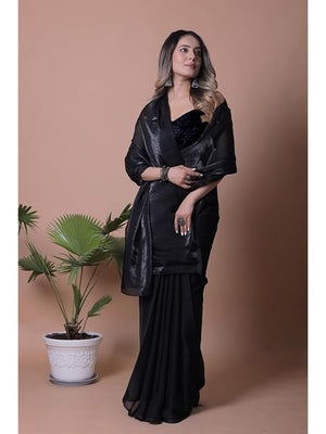 Royal Black Solid Satin Saree Designed for Elegant Party Wear Styling - Image 1