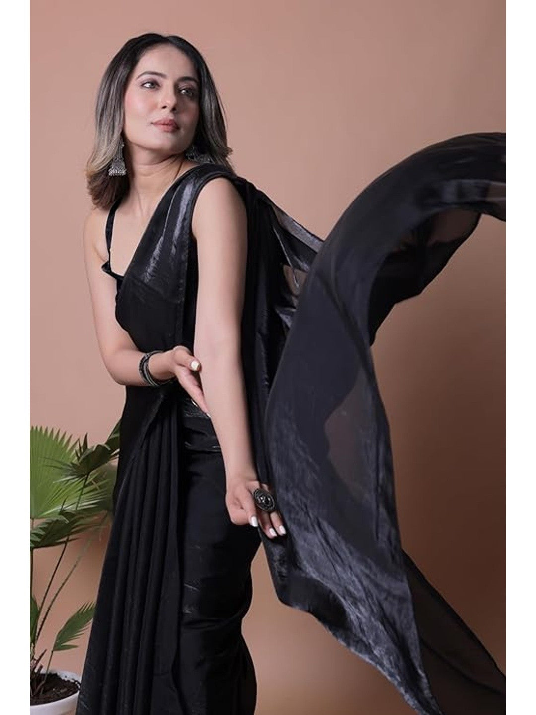 Royal Black Solid Satin Saree Designed for Elegant Party Wear Styling - Image 4