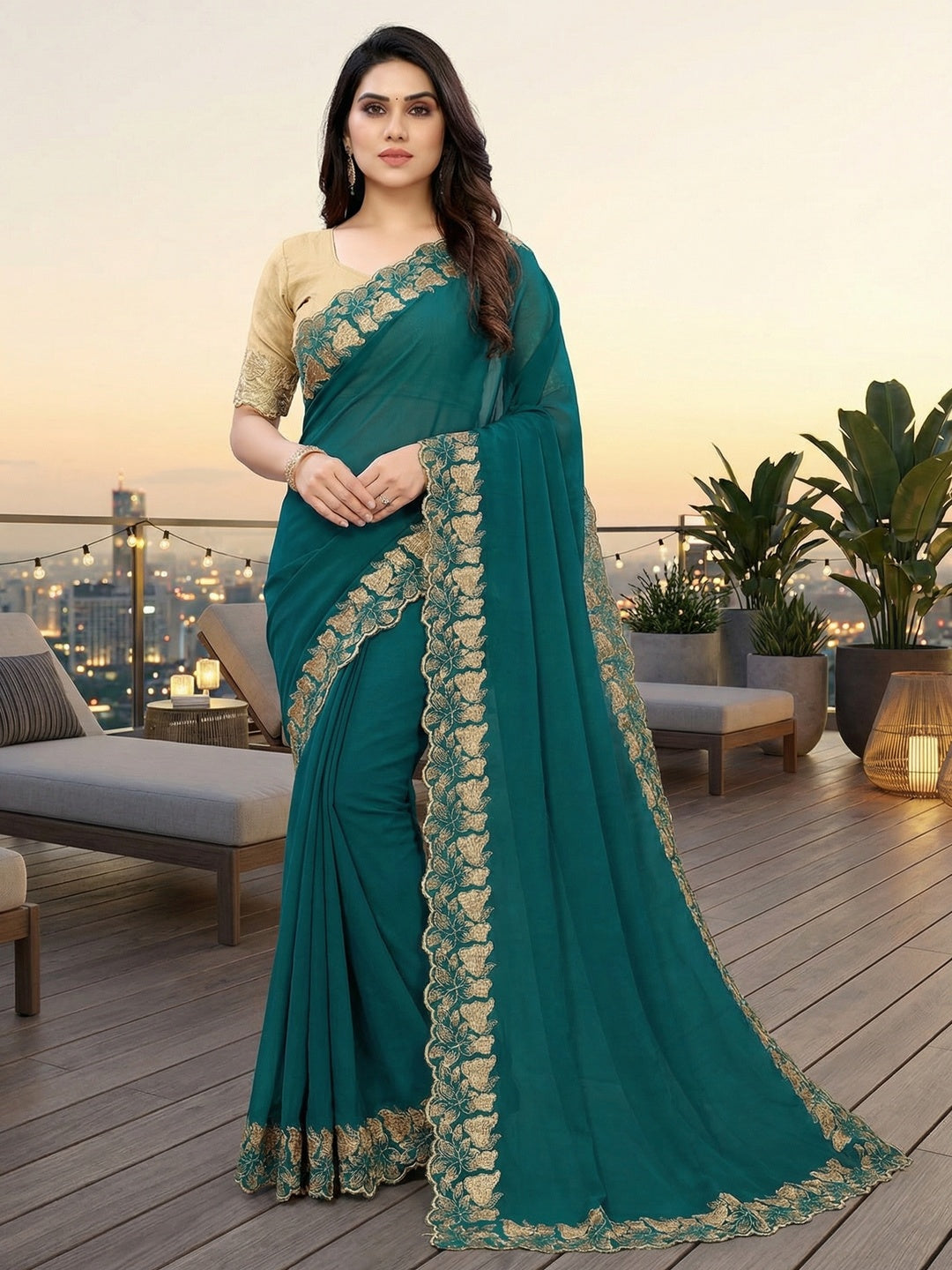 Elegant Teal Solid Georgette Saree Highlighted With A Delicate Floral Embroidered Border - Image 1