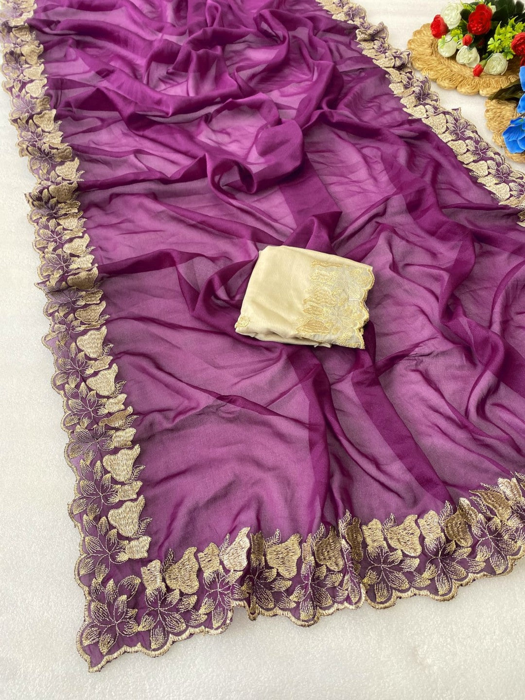 Elegant Wine Solid Georgette Saree Highlighted With A Delicate Floral Embroidered Border - Image 3