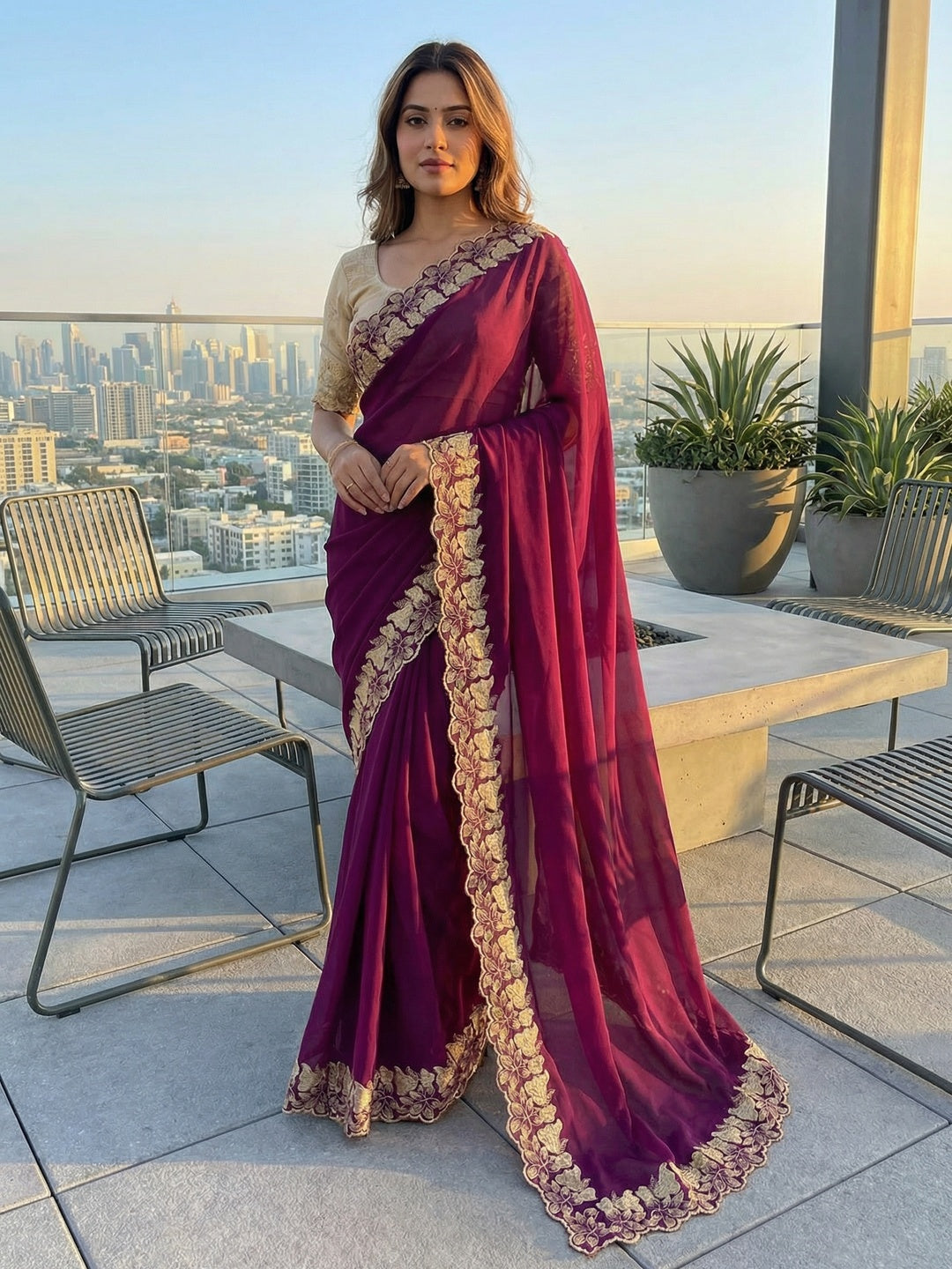 Elegant Wine Solid Georgette Saree Highlighted With A Delicate Floral Embroidered Border - Image 1