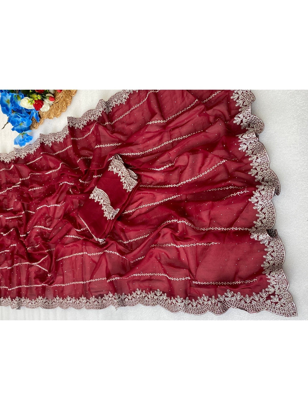 Timeless Maroon Georgette Saree With Detailed Embroidery & Elegant Swarovski Embellishments - Image 2