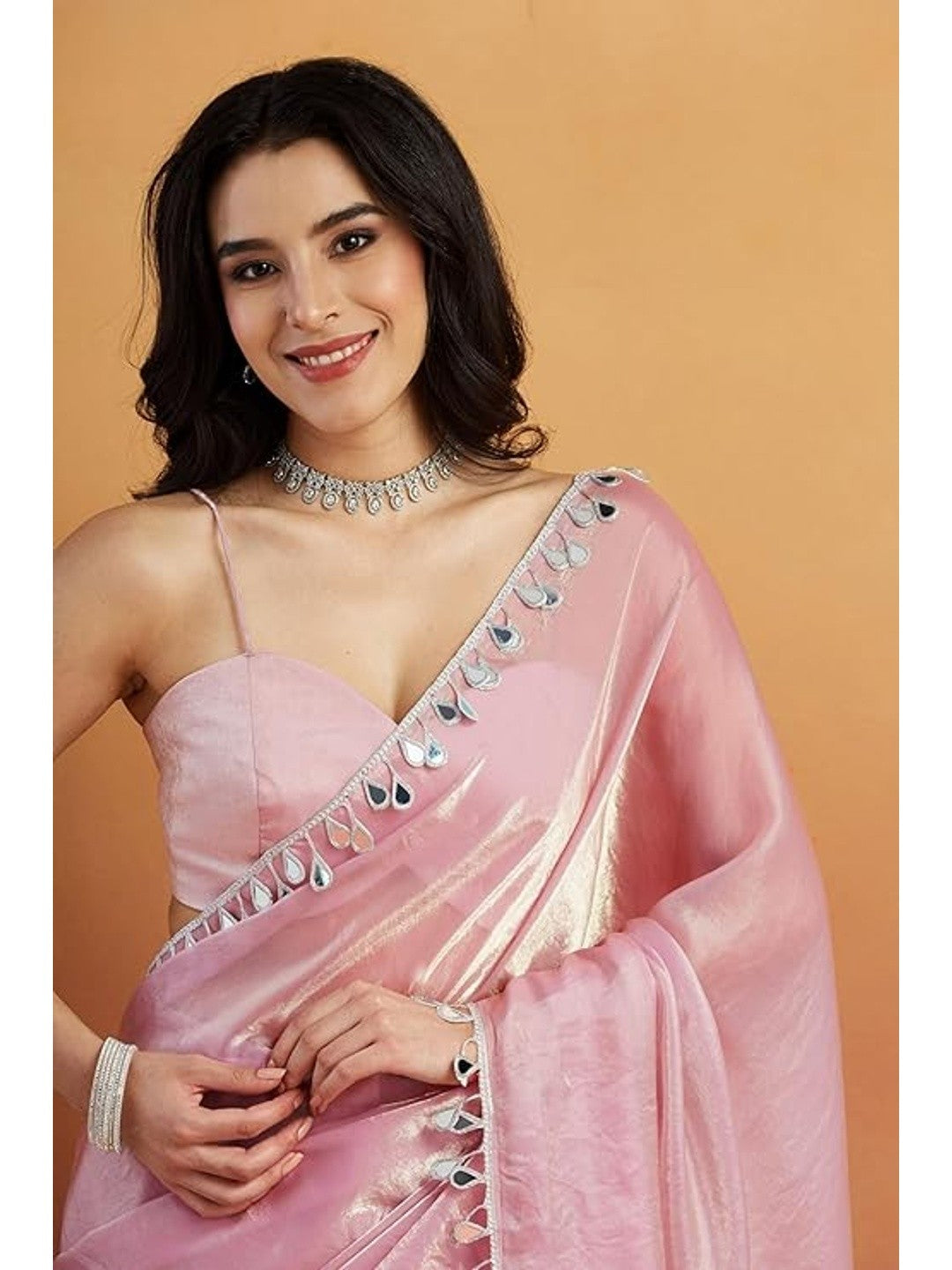 Baby Pink Solid Satin Saree with Elegant Gotta Patti Lace Border - Image 2