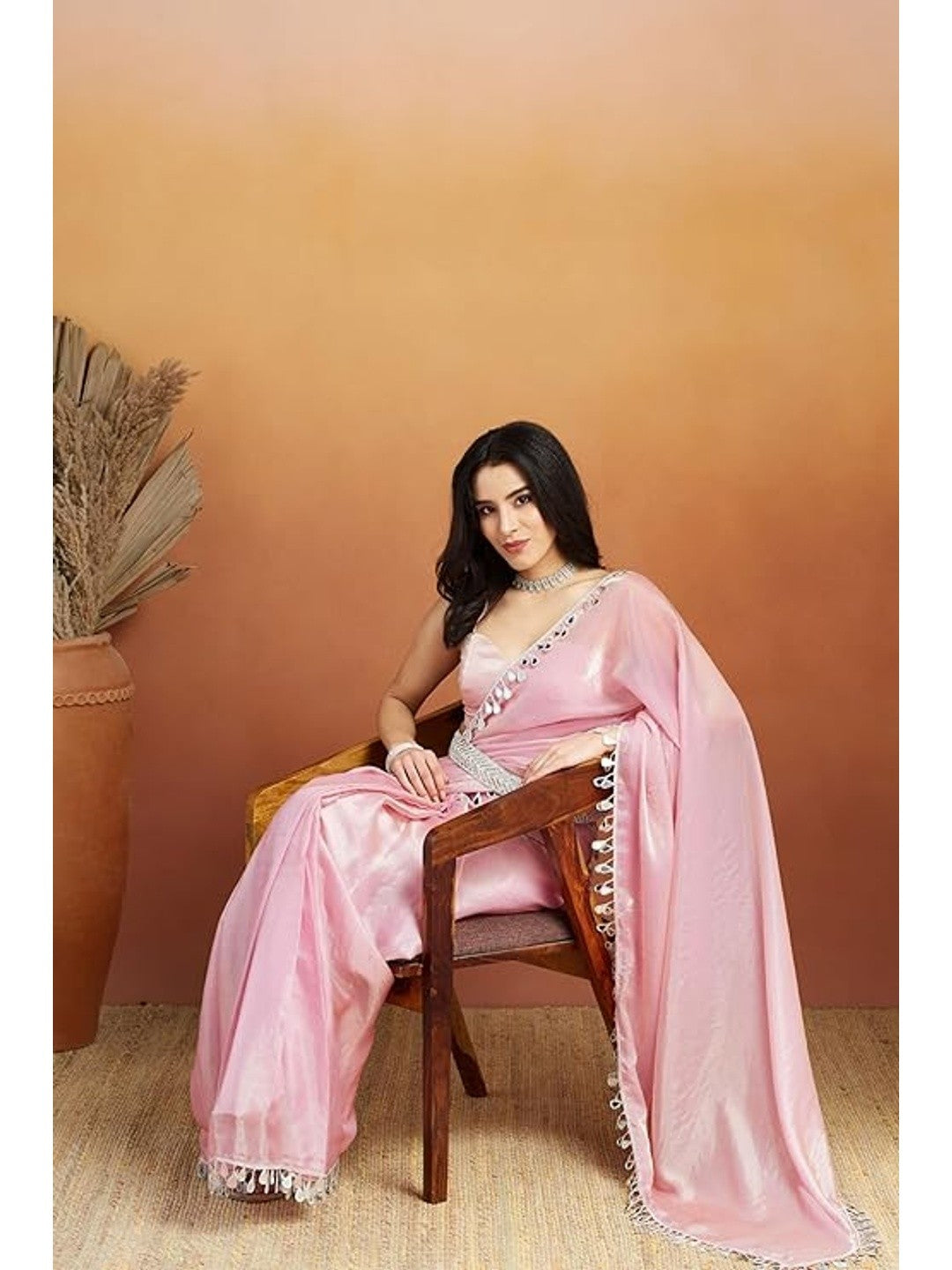 Baby Pink Solid Satin Saree with Elegant Gotta Patti Lace Border - Image 3