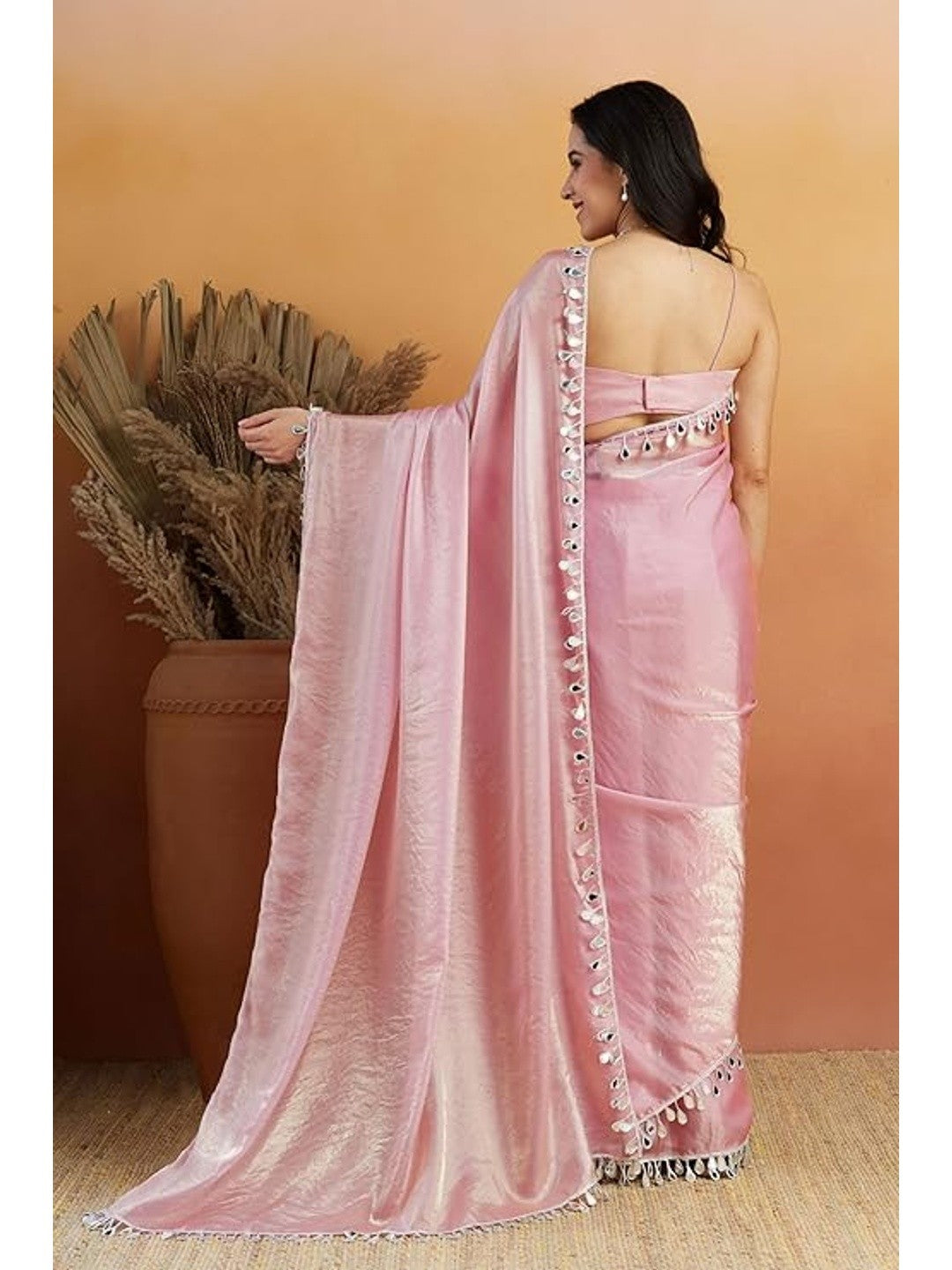 Baby Pink Solid Satin Saree with Elegant Gotta Patti Lace Border - Image 5