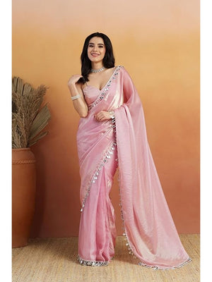 Baby Pink Solid Satin Saree with Elegant Gotta Patti Lace Border - Image 2