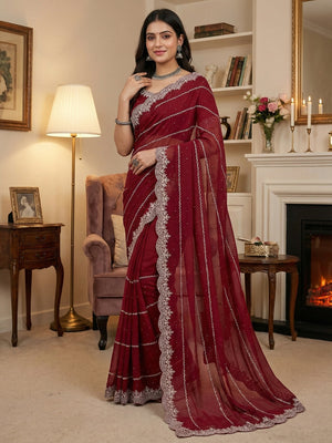 Timeless Maroon Georgette Saree With Detailed Embroidery & Elegant Swarovski Embellishments - Image 1