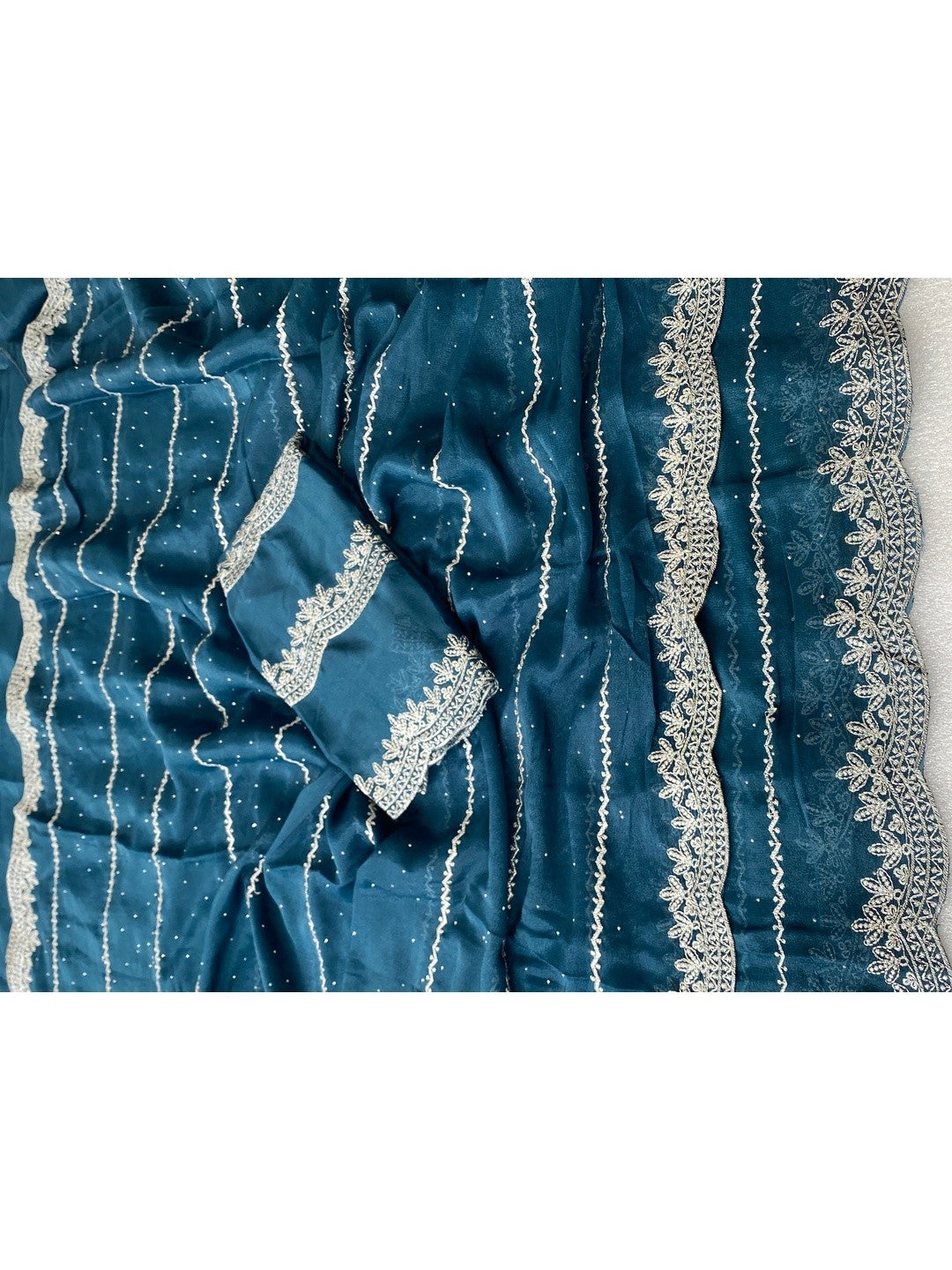 Timeless Blue Georgette Saree with Detailed Embroidery & Elegant Swarovski Embellishments - Image 3