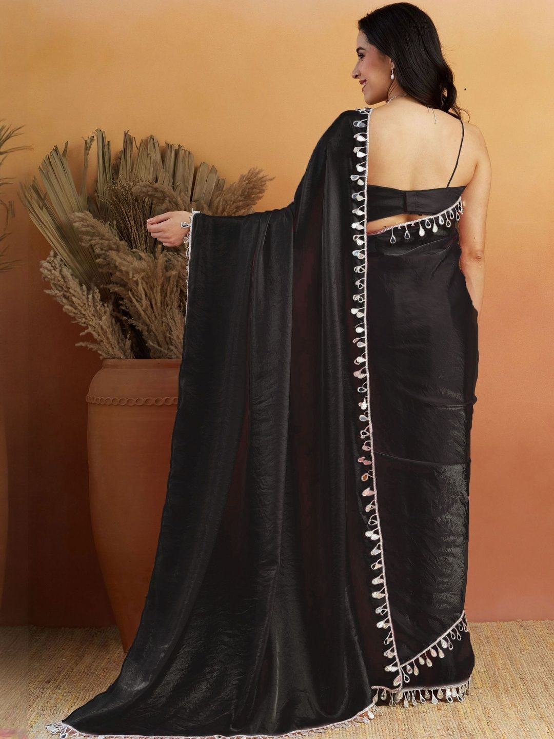 Black Solid Satin Saree with Elegant Gotta Patti Lace Border - Image 3