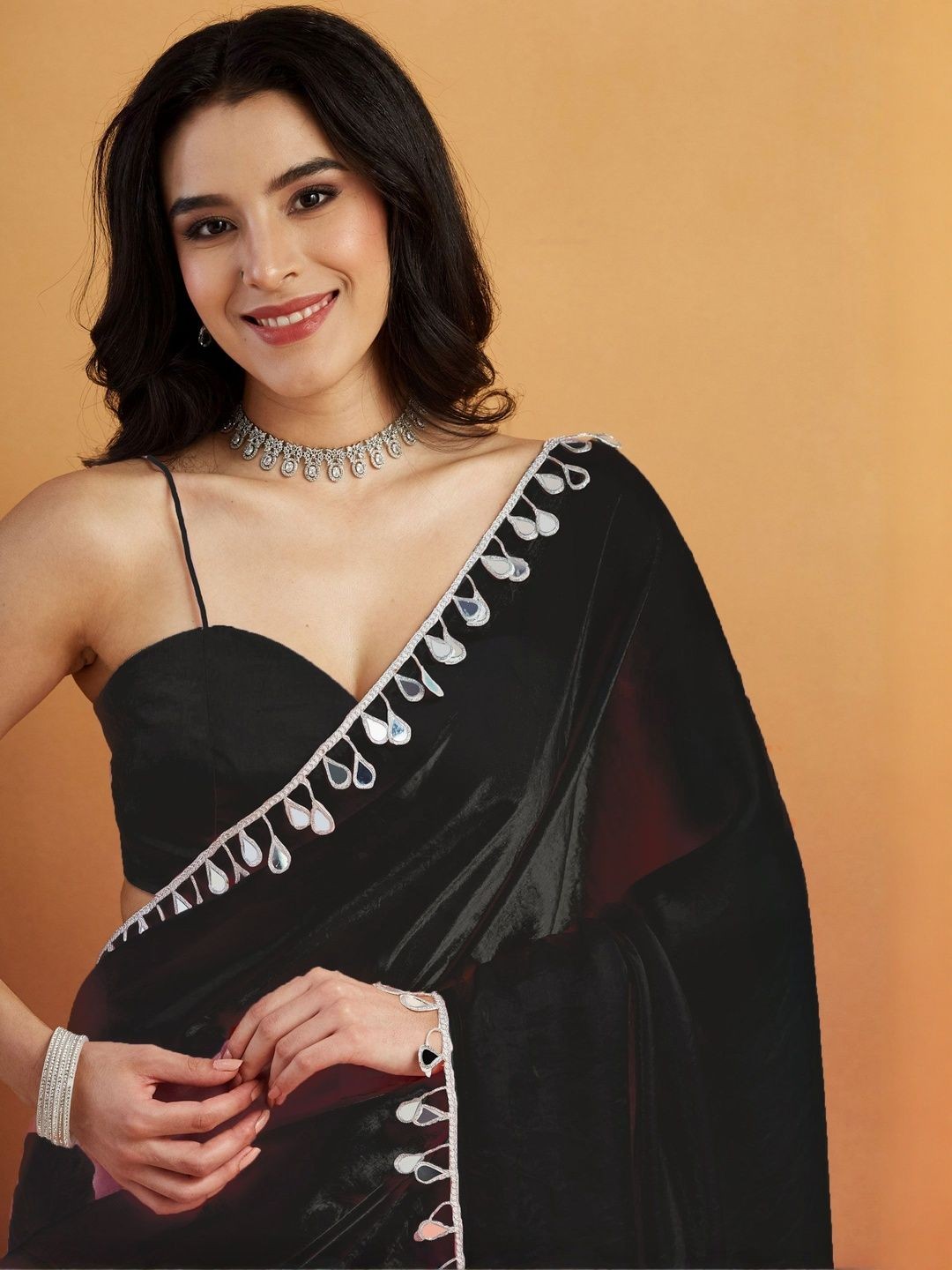 Black Solid Satin Saree with Elegant Gotta Patti Lace Border - Image 4